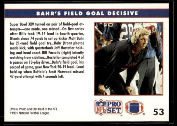 1991 Pro Set New York Giants #53 Matt Bahr