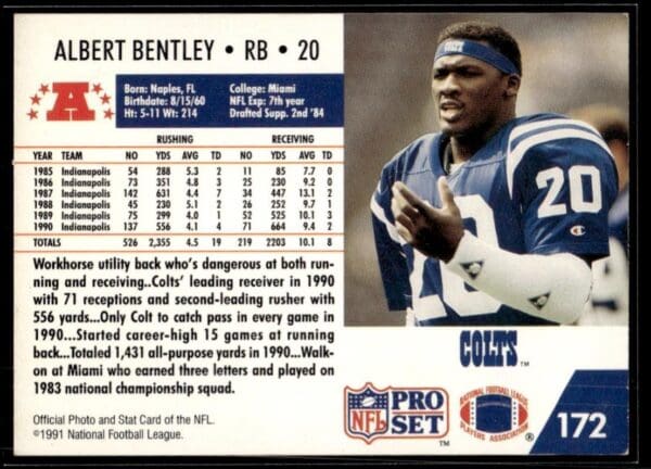 1991 Pro Set Indianapolis Colts #172 Albert Bentley