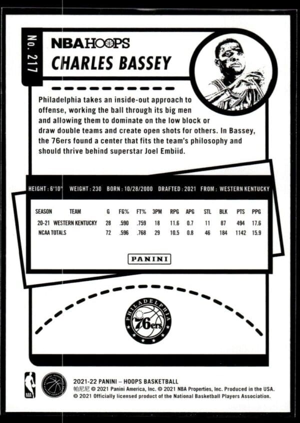 2021 NBA Hoops Philadelphia 76ers #217 Charles Bassey RC Rookie