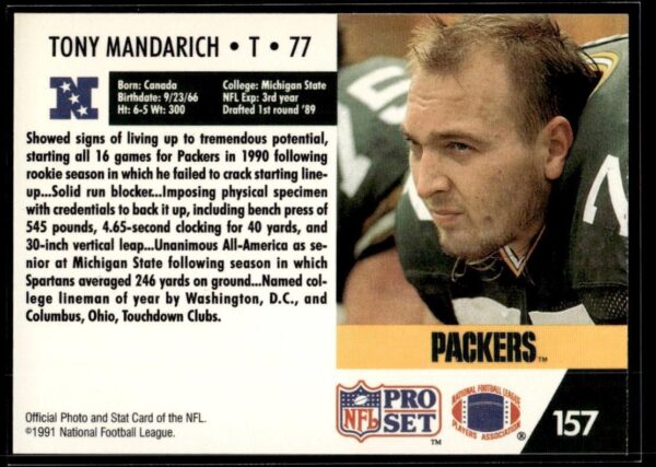 1991 Pro Set Green Bay Packers #157 Tony Mandarich