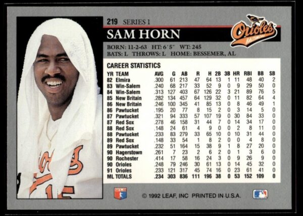1992 Leaf Baltimore Orioles #219 Sam Horn