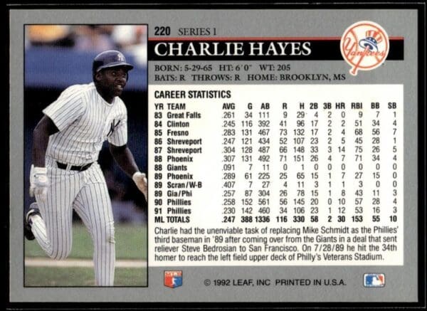 _10 1992 Leaf New York Yankees #220 Charlie Hayes