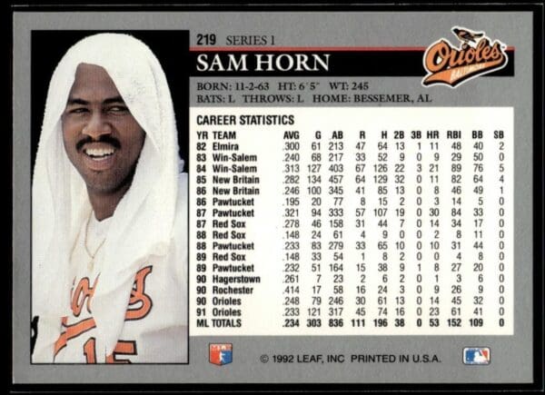 1992 Leaf Baltimore Orioles #219 Sam Horn