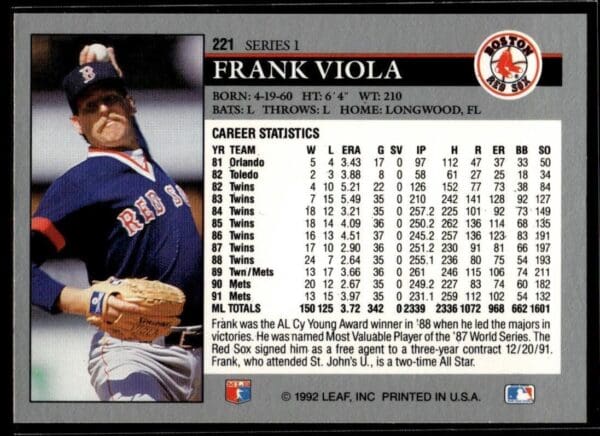 1992 Leaf Boston Red Sox #221 Frank Viola