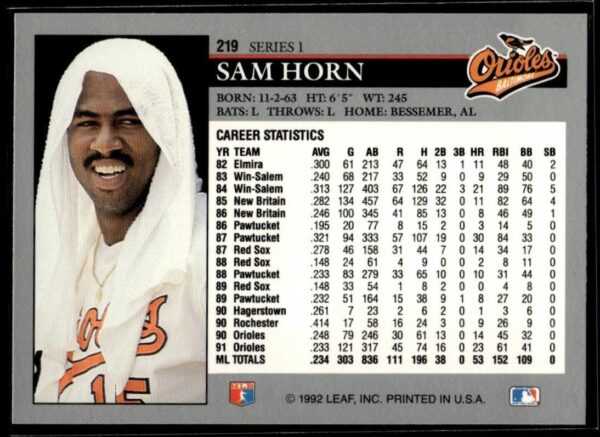 1992 Leaf Baltimore Orioles #219 Sam Horn