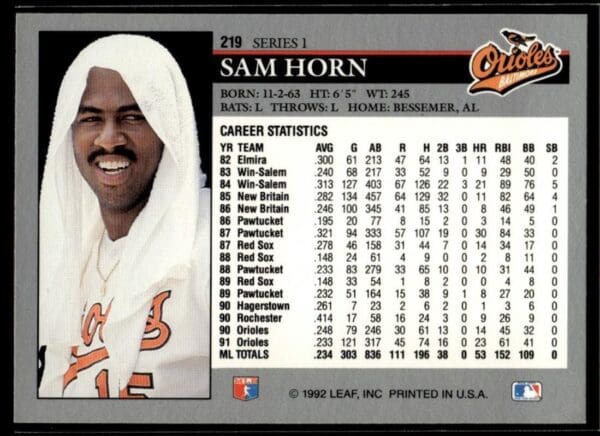 1992 Leaf Baltimore Orioles #219 Sam Horn