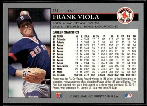 _10 1992 Leaf Boston Red Sox #221 Frank Viola