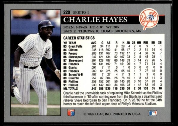 _10 1992 Leaf New York Yankees #220 Charlie Hayes