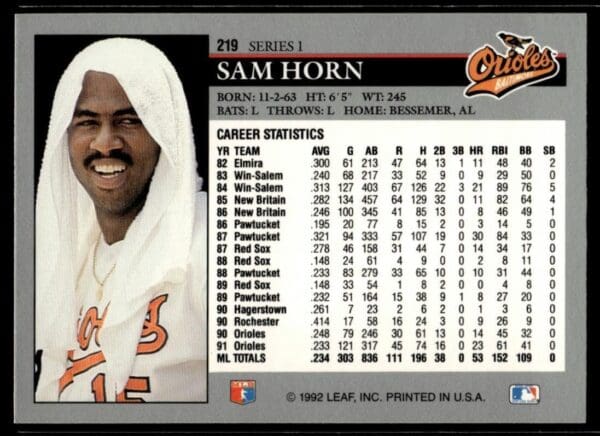 1992 Leaf Baltimore Orioles #219 Sam Horn