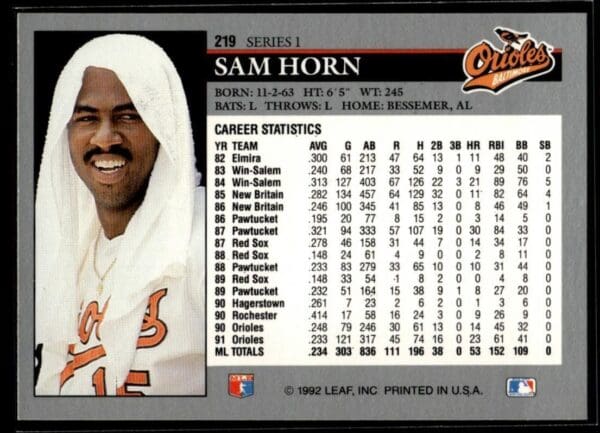 1992 Leaf Baltimore Orioles #219 Sam Horn