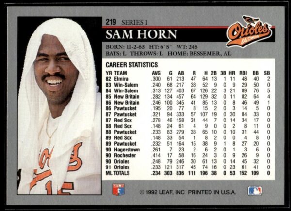 1992 Leaf Baltimore Orioles #219 Sam Horn
