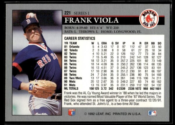 1992 Leaf Boston Red Sox #221 Frank Viola