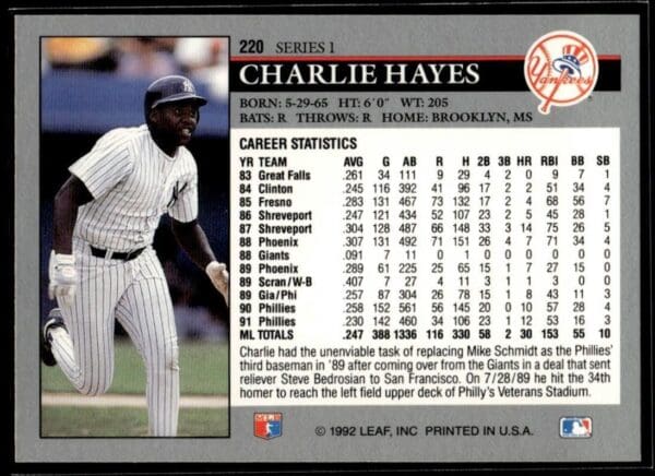 1992 Leaf New York Yankees #220 Charlie Hayes