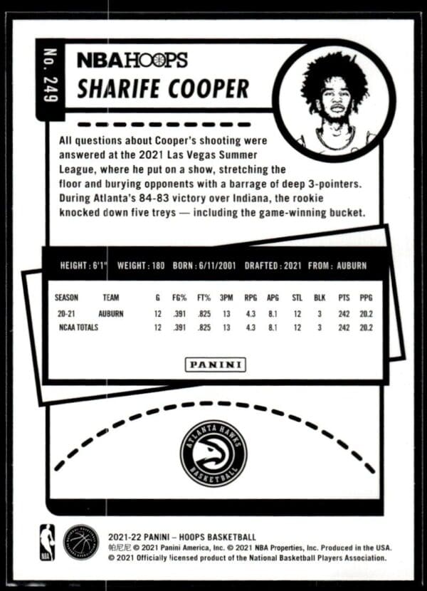 2021 NBA Hoops Atlanta Hawks #249 Sharife Cooper RC Rookie