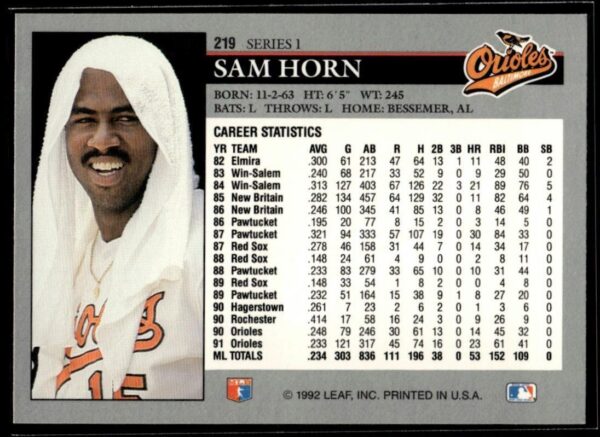 1992 Leaf Baltimore Orioles #219 Sam Horn