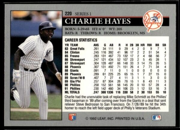 1992 Leaf New York Yankees #220 Charlie Hayes
