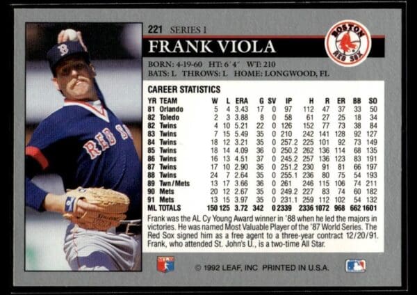 1992 Leaf Boston Red Sox #221 Frank Viola