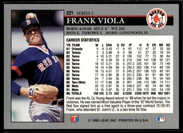 1992 Leaf Boston Red Sox #221 Frank Viola