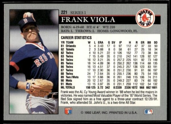 1992 Leaf Boston Red Sox #221 Frank Viola