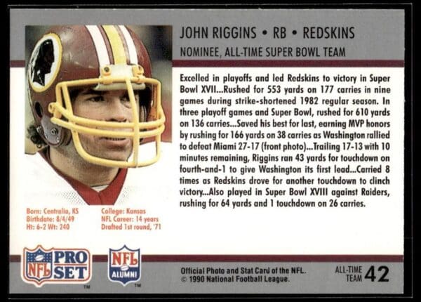1990 Pro Set Super Bowl 160 Washington Redskins #42 John Riggins
