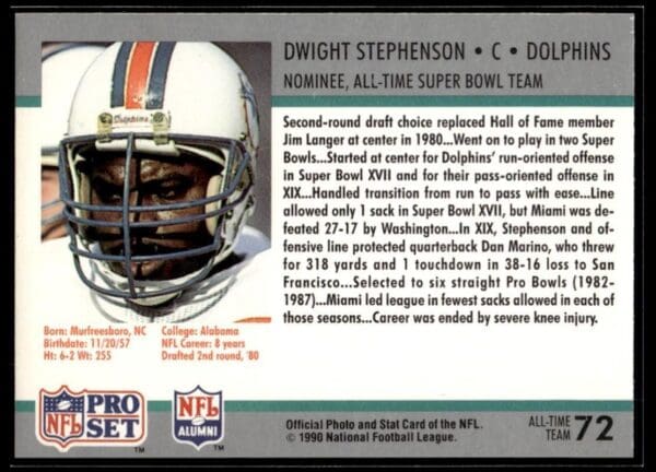 1990 Pro Set Super Bowl 160 Miami Dolphins #72 Dwight Stephenson
