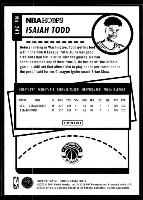 2021 NBA Hoops Washington Wizards #241 Isaiah Todd RC Rookie