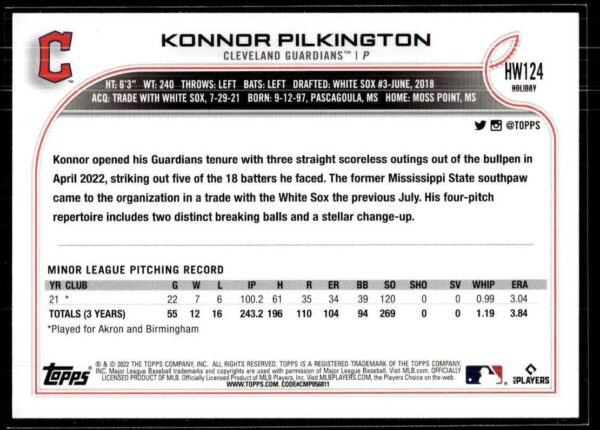 2022 Topps Holiday Cleveland Guardians #HW124 Konnor Pilkington RC Rookie