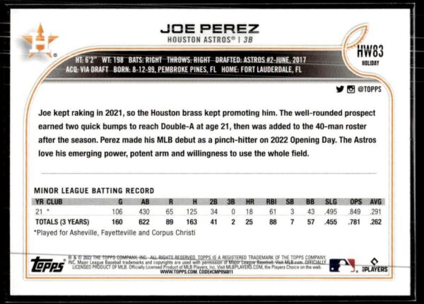 2022 Topps Holiday Houston Astros #HW83 Joe Perez RC Rookie