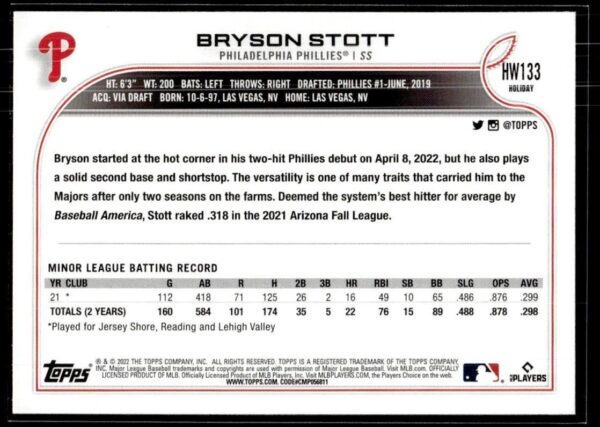 2022 Topps Holiday Philadelphia Phillies #HW133 Bryson Stott RC Rookie