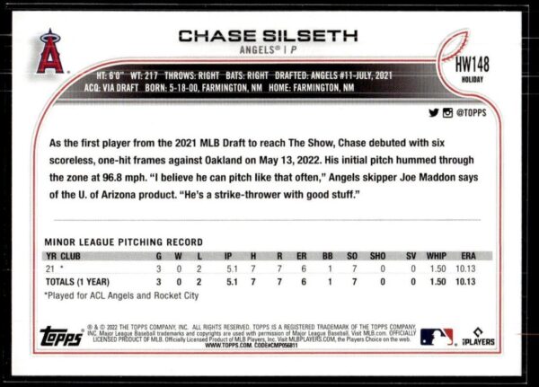 2022 Topps Holiday Los Angeles Angels #HW148 Chase Silseth RC Rookie