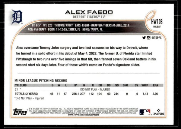2022 Topps Holiday Detroit Tigers #HW108 Alex Faedo RC Rookie