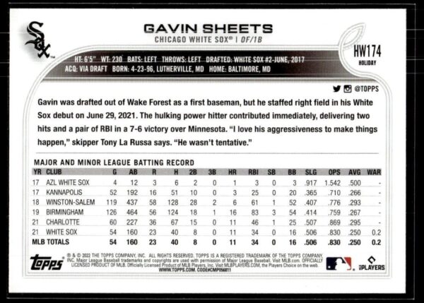 2022 Topps Holiday Chicago White Sox #HW174 Gavin Sheets RC Rookie