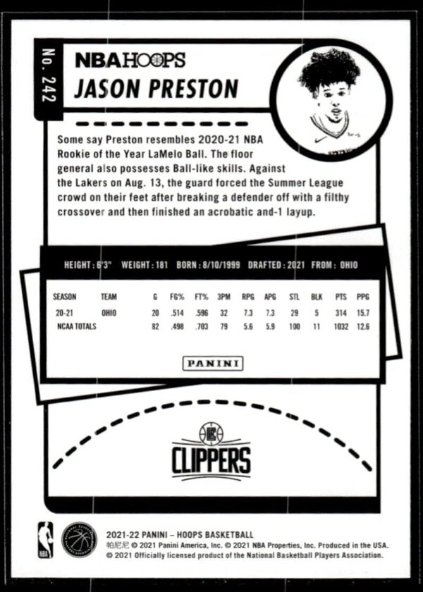 2021 NBA Hoops Los Angeles Clippers #242 Jason Preston RC Rookie