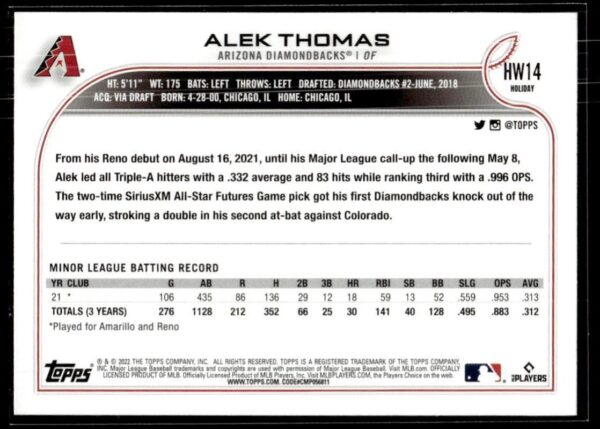 2022 Topps Holiday Arizona Diamondbacks #HW14 Alek Thomas RC Rookie