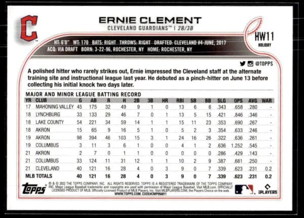 2022 Topps Holiday Cleveland Guardians #HW11 Ernie Clement RC Rookie