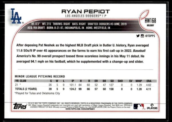 2022 Topps Holiday Los Angeles Dodgers #HW168 Ryan Pepiot RC Rookie