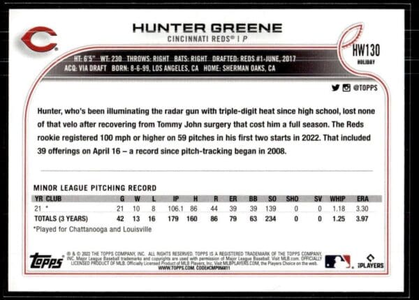 2022 Topps Holiday Cincinnati Reds #HW130 Hunter Greene RC Rookie