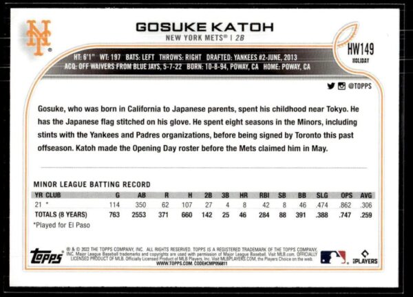 2022 Topps Holiday New York Mets #HW149 Gosuke Katoh RC Rookie