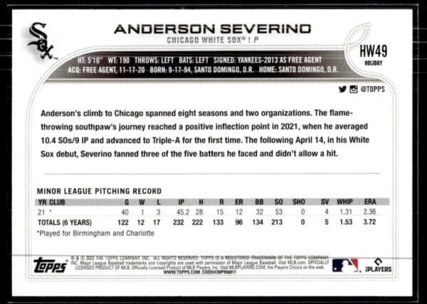 2022 Topps Holiday Chicago White Sox #HW49 Anderson Severino RC Rookie
