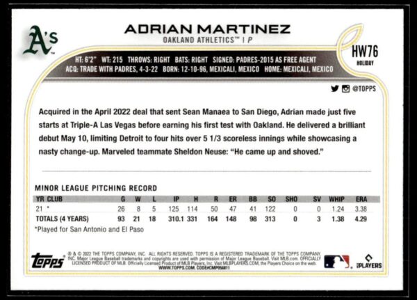 2022 Topps Holiday Oakland Athletics #HW76 Adrian Martinez RC Rookie
