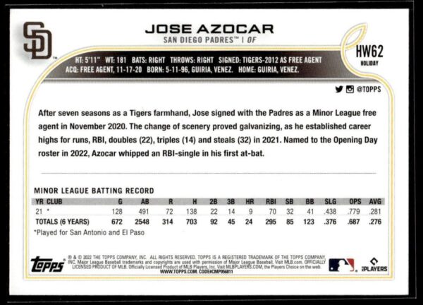 _10 2022 Topps Holiday San Diego Padres #HW62 Jose Azocar RC Rookie