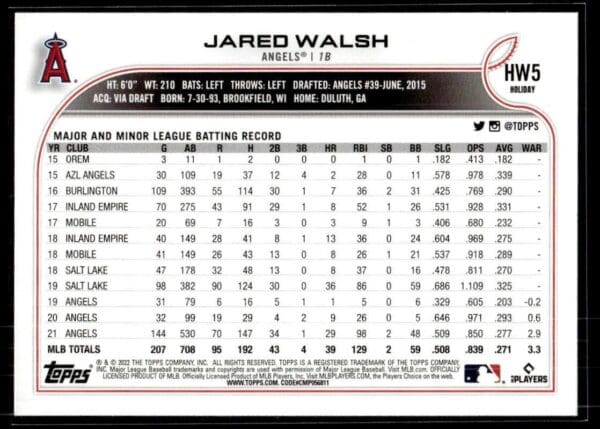2022 Topps Holiday Los Angeles Angels #HW5 Jared Walsh