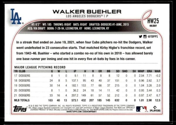 2022 Topps Holiday Los Angeles Dodgers #HW25 Walker Buehler