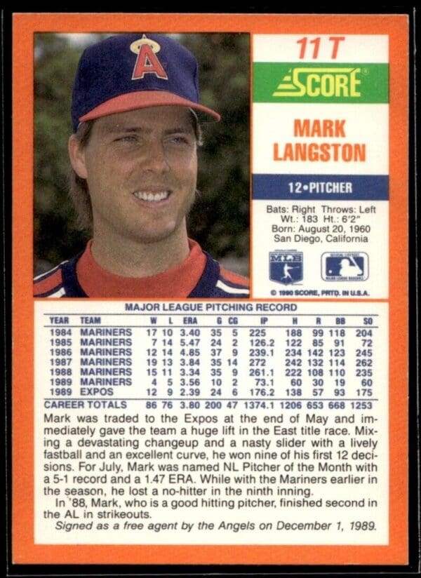 _10 1990 Score Rookie & Traded California Angels #11T Mark Langston