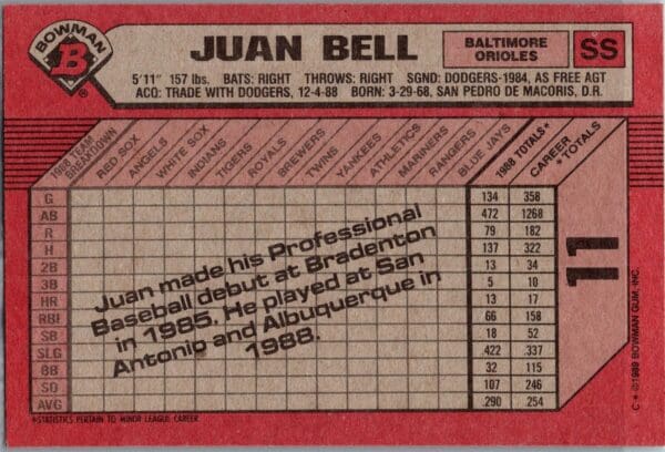 1989 Bowman Baltimore Orioles #11 Juan Bell RC Rookie