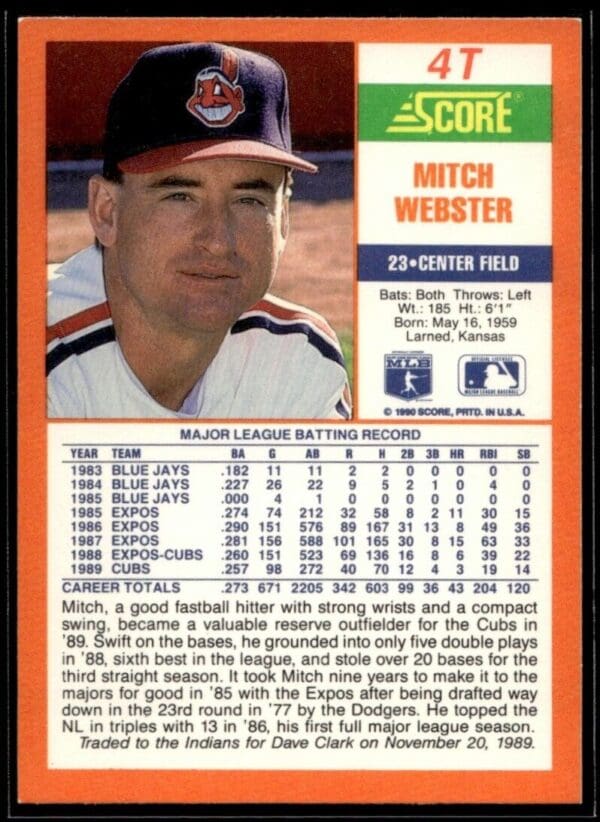 _10 1990 Score Rookie & Traded Cleveland Indians #4T Mitch Webster