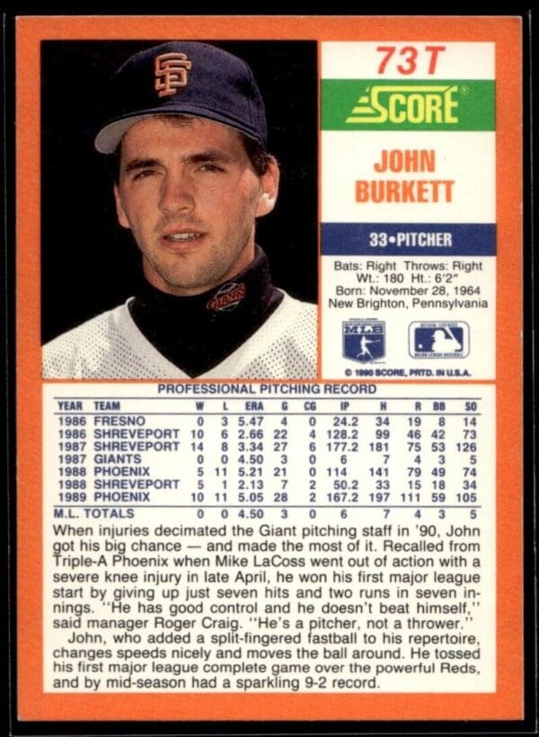 _10 1990 Score Rookie & Traded San Francisco Giants #73T John Burkett