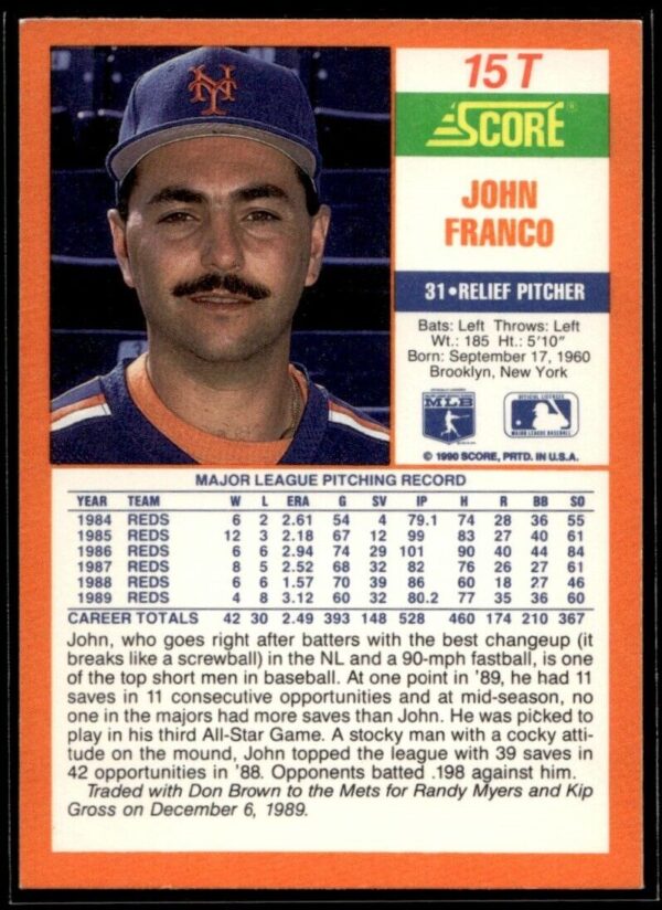 1990 Score Rookie & Traded New York Mets #15T John Franco