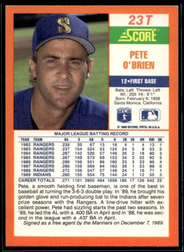1990 Score Rookie & Traded Seattle Mariners #23T Pete O'Brien
