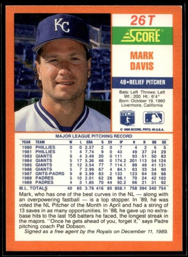 _10 1990 Score Rookie & Traded Kansas City Royals #26T Mark Davis